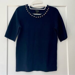 Talbot’s Wool Short Sleeve Wool Top with Jewel Embellished Collar - Navy - Small